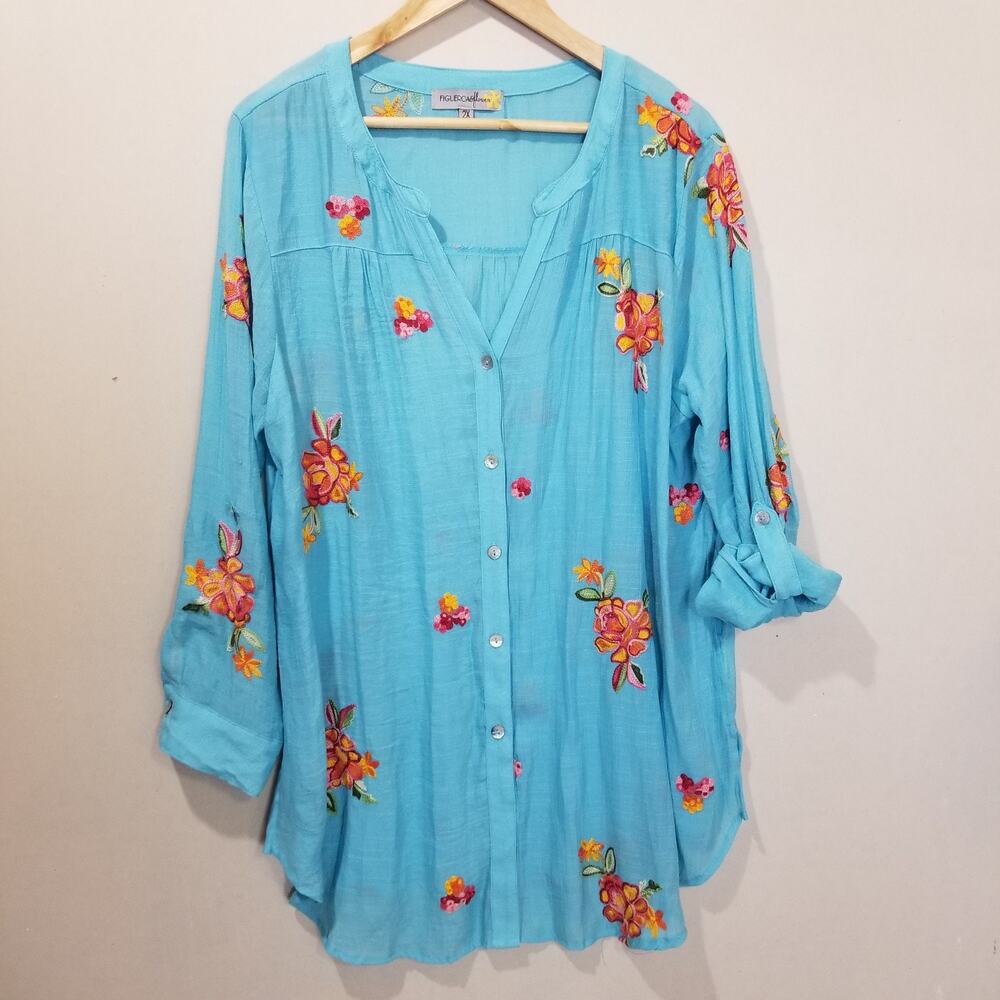Anthropologie Boho Top 2X Figueroa & Flower Embroidered Peasant Blue Blouse